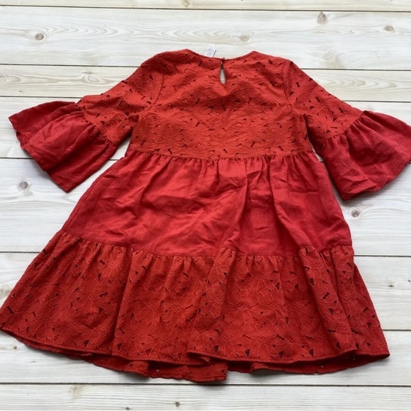 Flying tomato Small Red short tiered ruffle bell sleeve crocheted mini dress - Picture 2 of 11